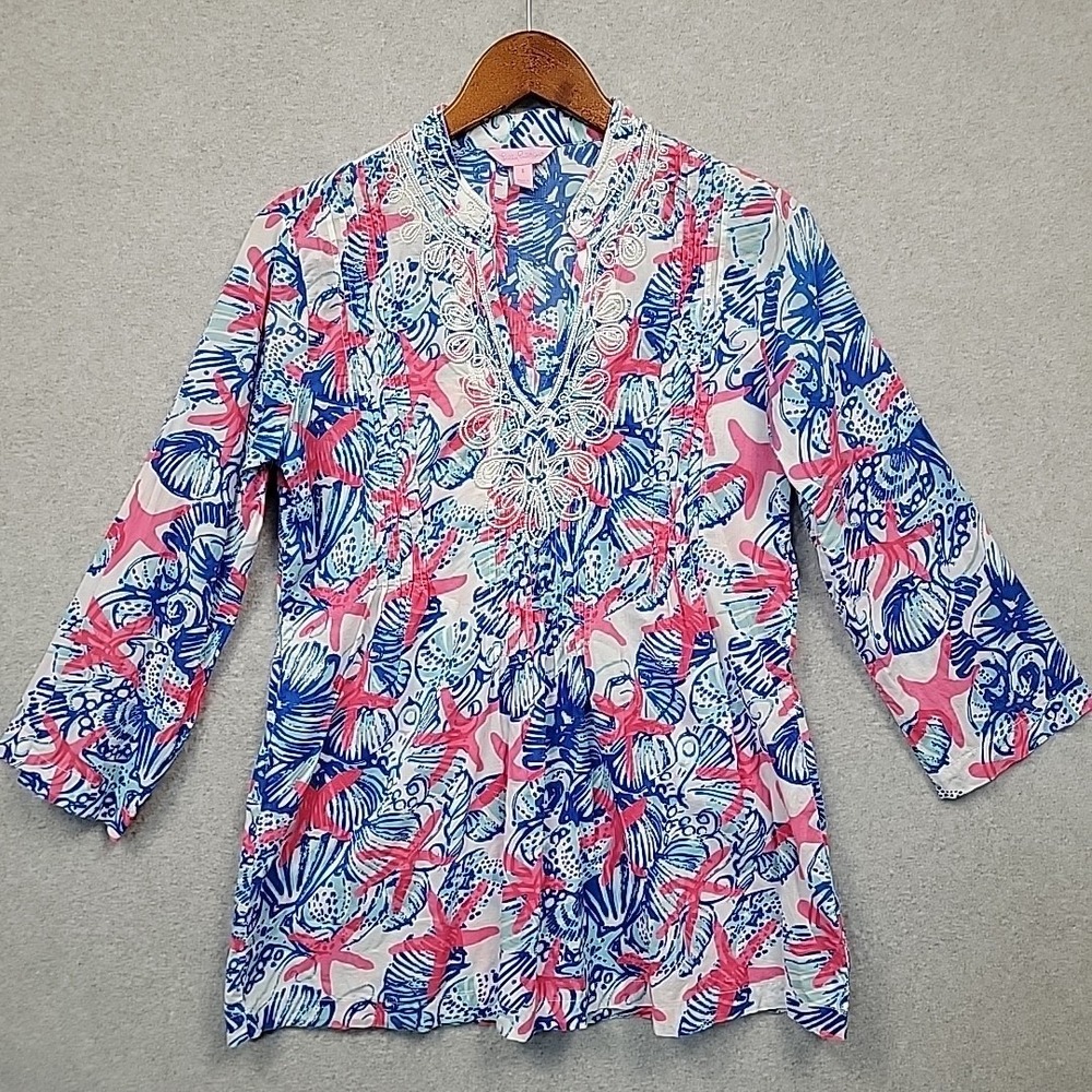 LILLY PULITZER Sarasota She She Shells Tunic Top V-Neck Cover Up Cotton Womens S